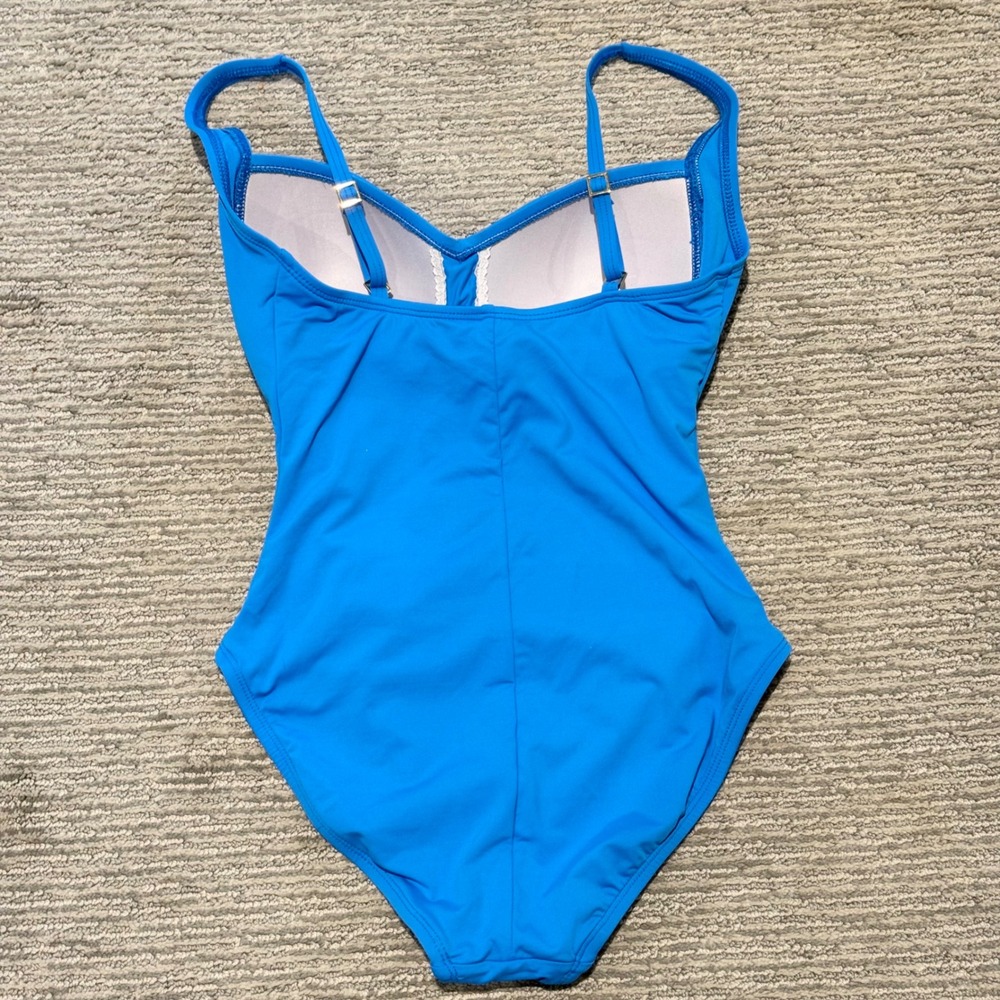 La Blanca Island Goddess Blue Ruched One Piece Swimsuit Sz 8 Sweetheart Neck - Picture 2 of 6